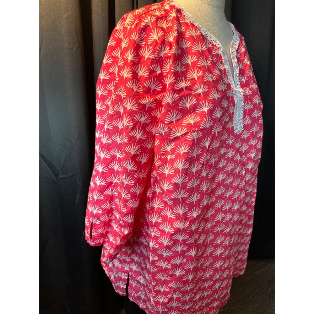 Talbots Woman Pink White Palm Fan Print Lace Trim Split Neck Tunic Top 1X